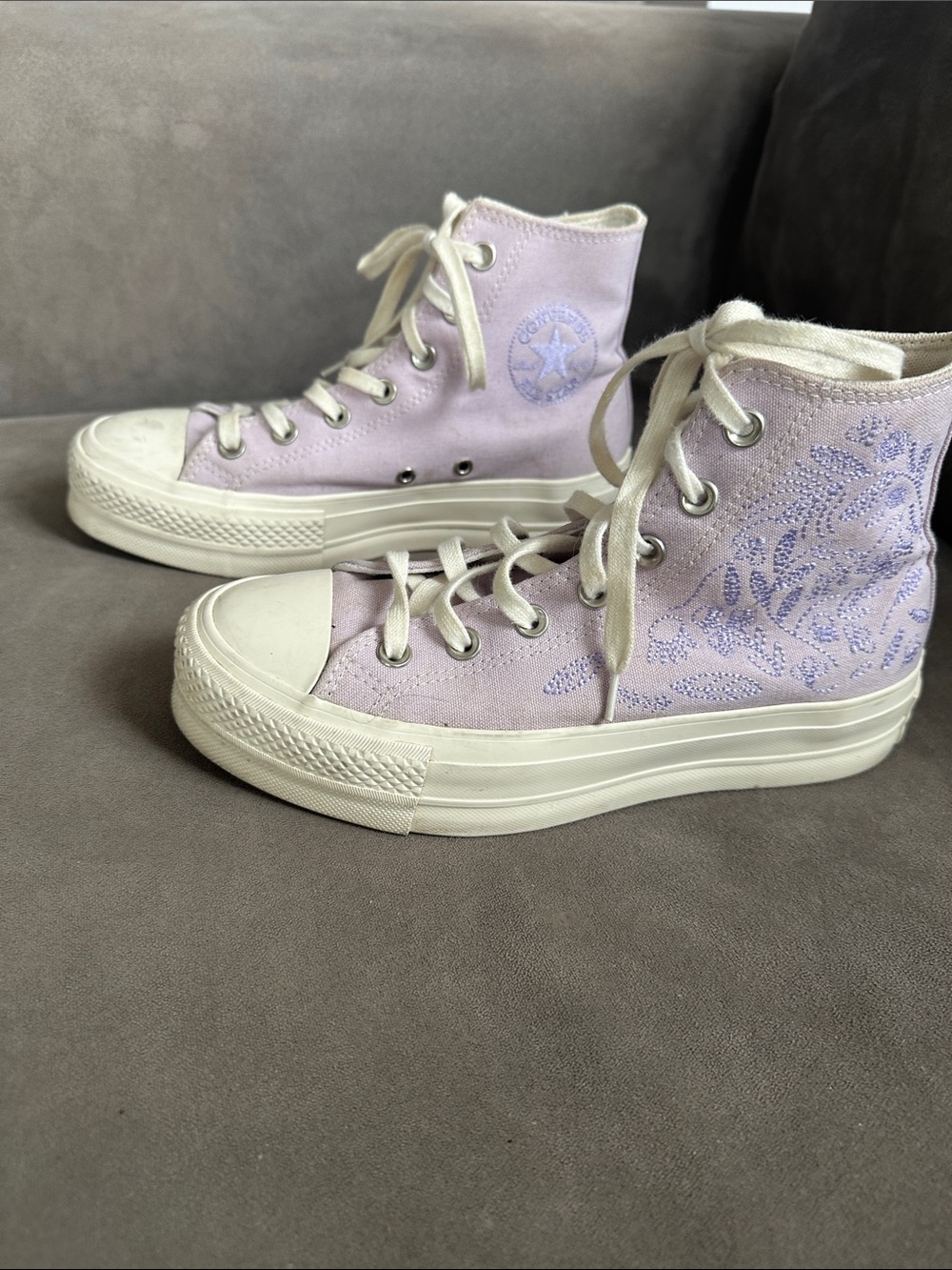 Converse Lavender High Top Sneakers with Embroidered Floral Motif